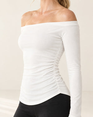 CloudSoft Off-Shoulder Long Sleeve in White – feature | Velvetella