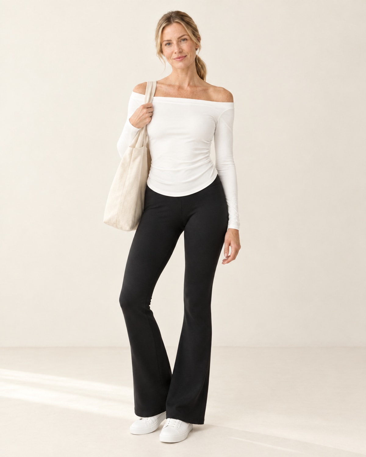 CloudSoft Off-Shoulder Long Sleeve in White – full look | Velvetella