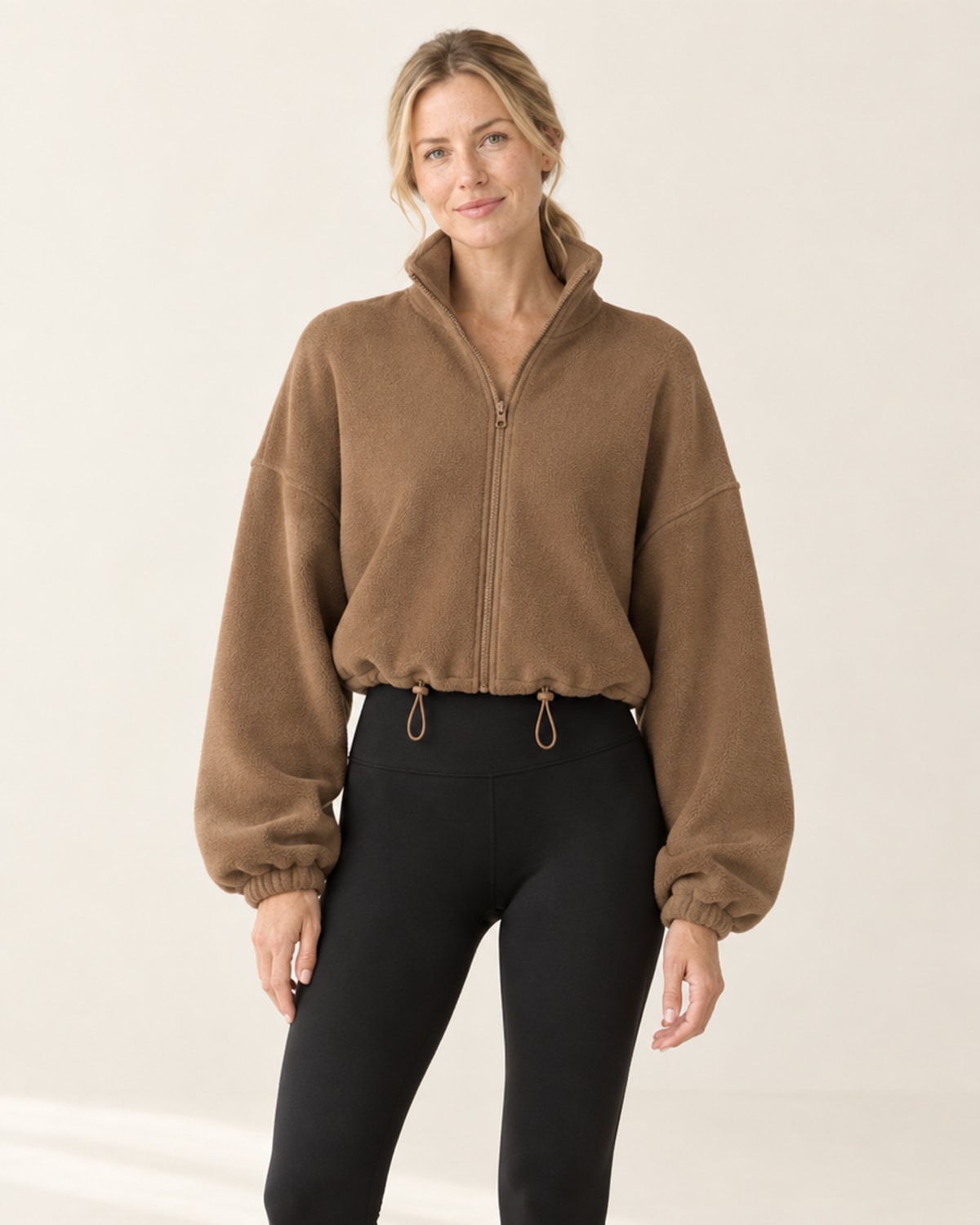 CloudSoft Polar Fleece Zip Jacket in Caramel – front | Velvetella