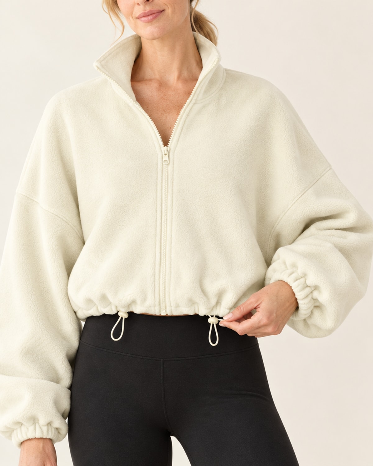 CloudSoft Polar Fleece Zip Jacket in Ivory White – feature | Velvetella