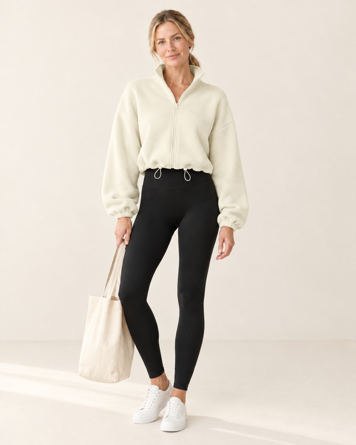 CloudSoft Polar Fleece Zip Jacket in Ivory White – full look | Velvetella
