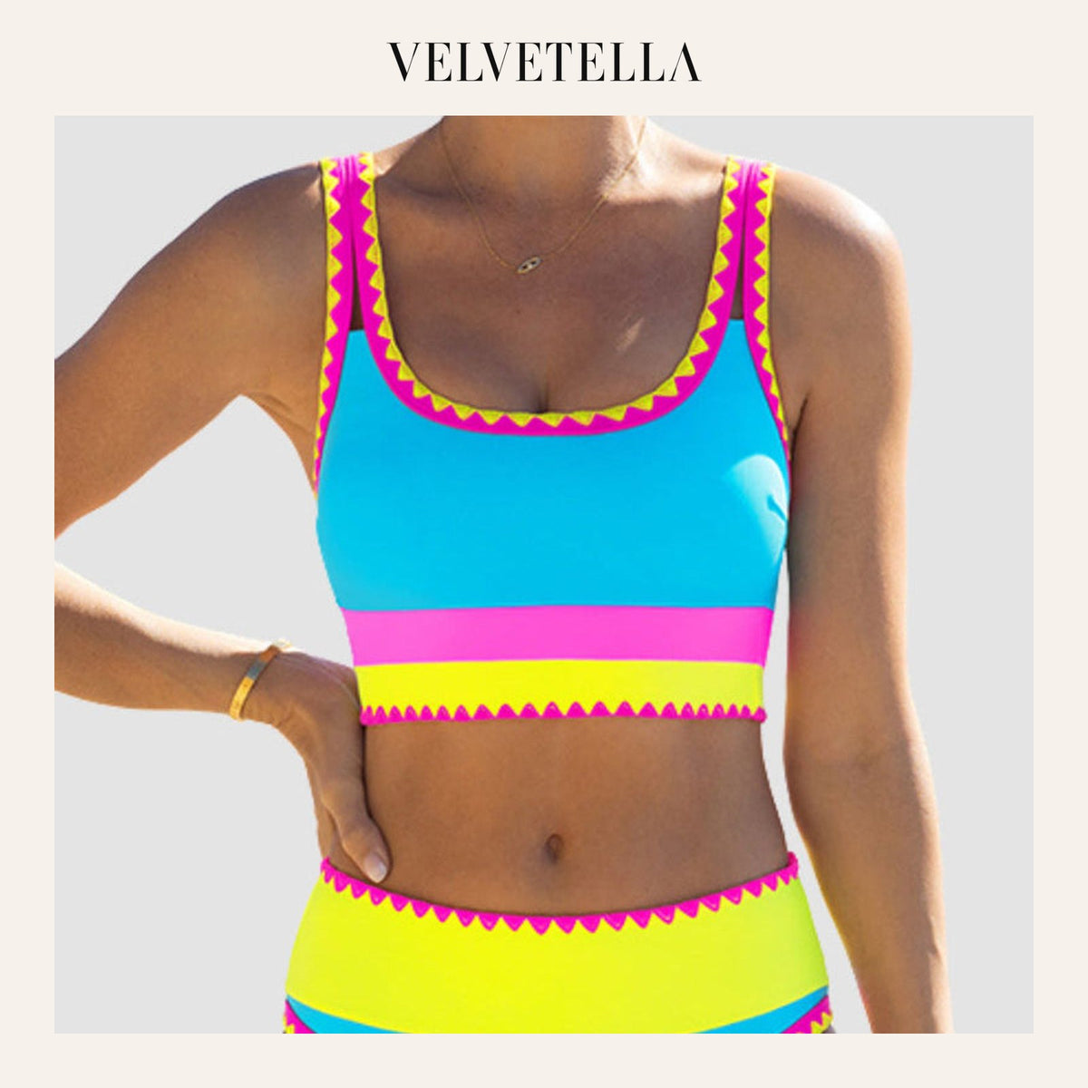 Contrast Patchwork Sporty 3-Piece Bikini Set | Velvetella