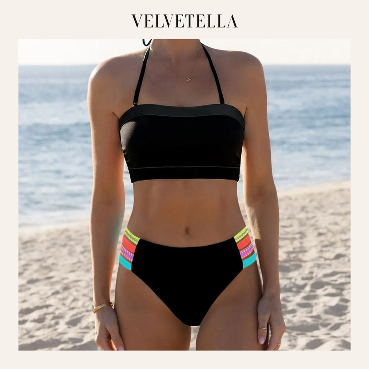 Colorful Stretchy Bikini Set – High-Waist Bottom with Removable Strap | Velvetella