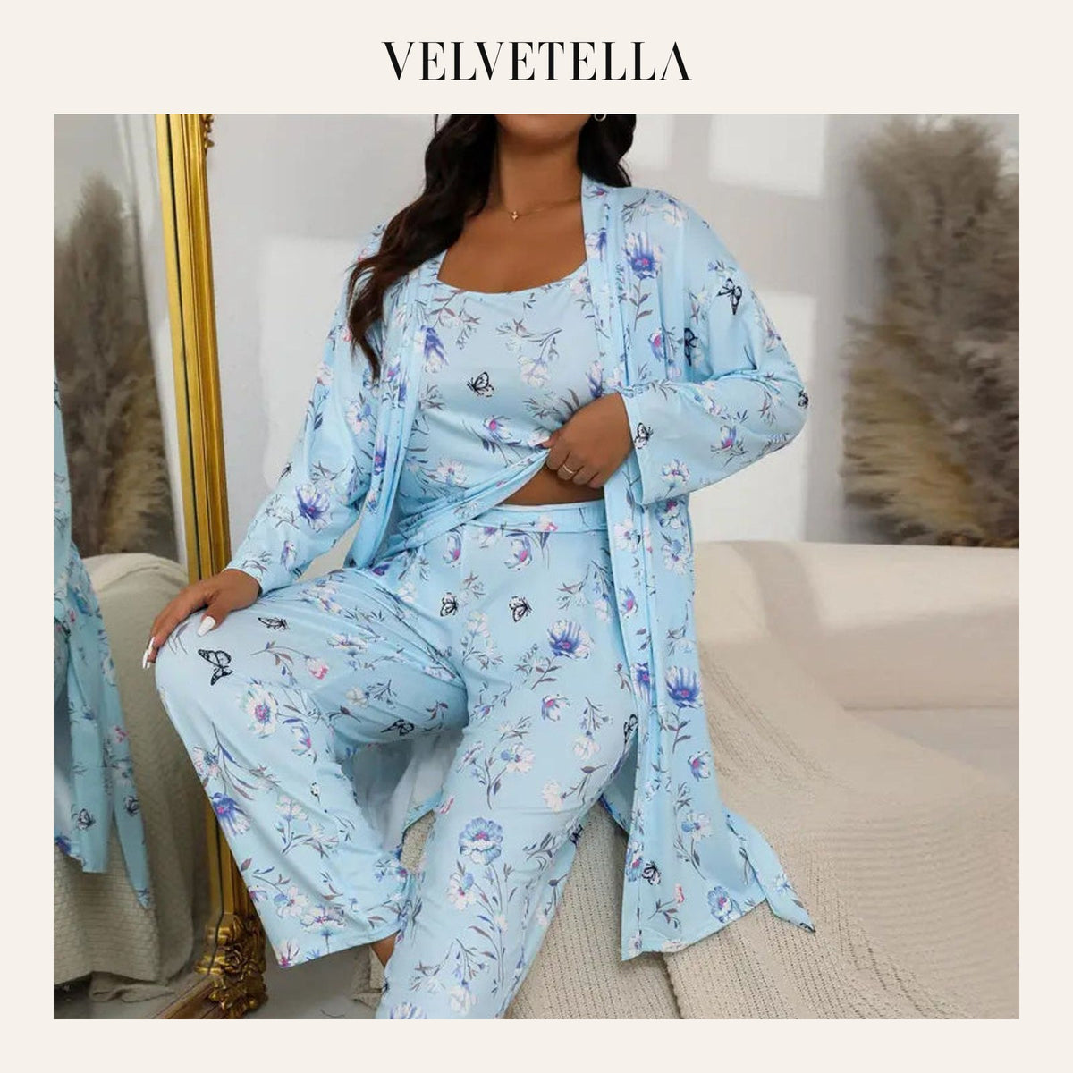 Comfy 3-Piece Pajama Set – Robe, Camisole & Long Pants | Velvetella