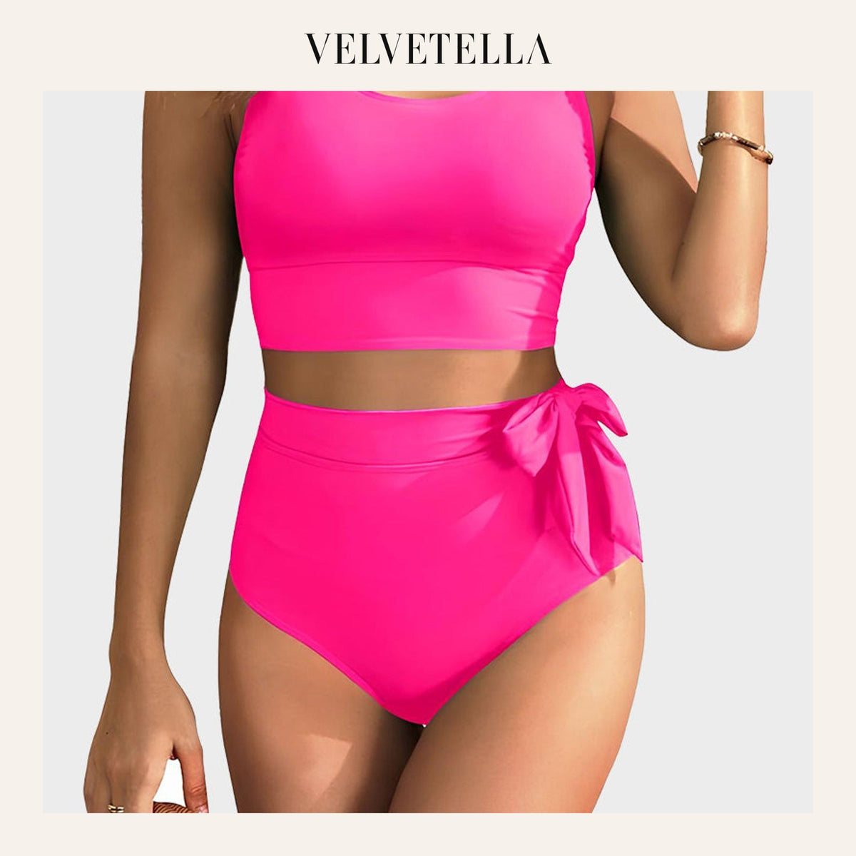 Double Tie Shoulder High Waist Tummy Control Bikini Set | Velvetella