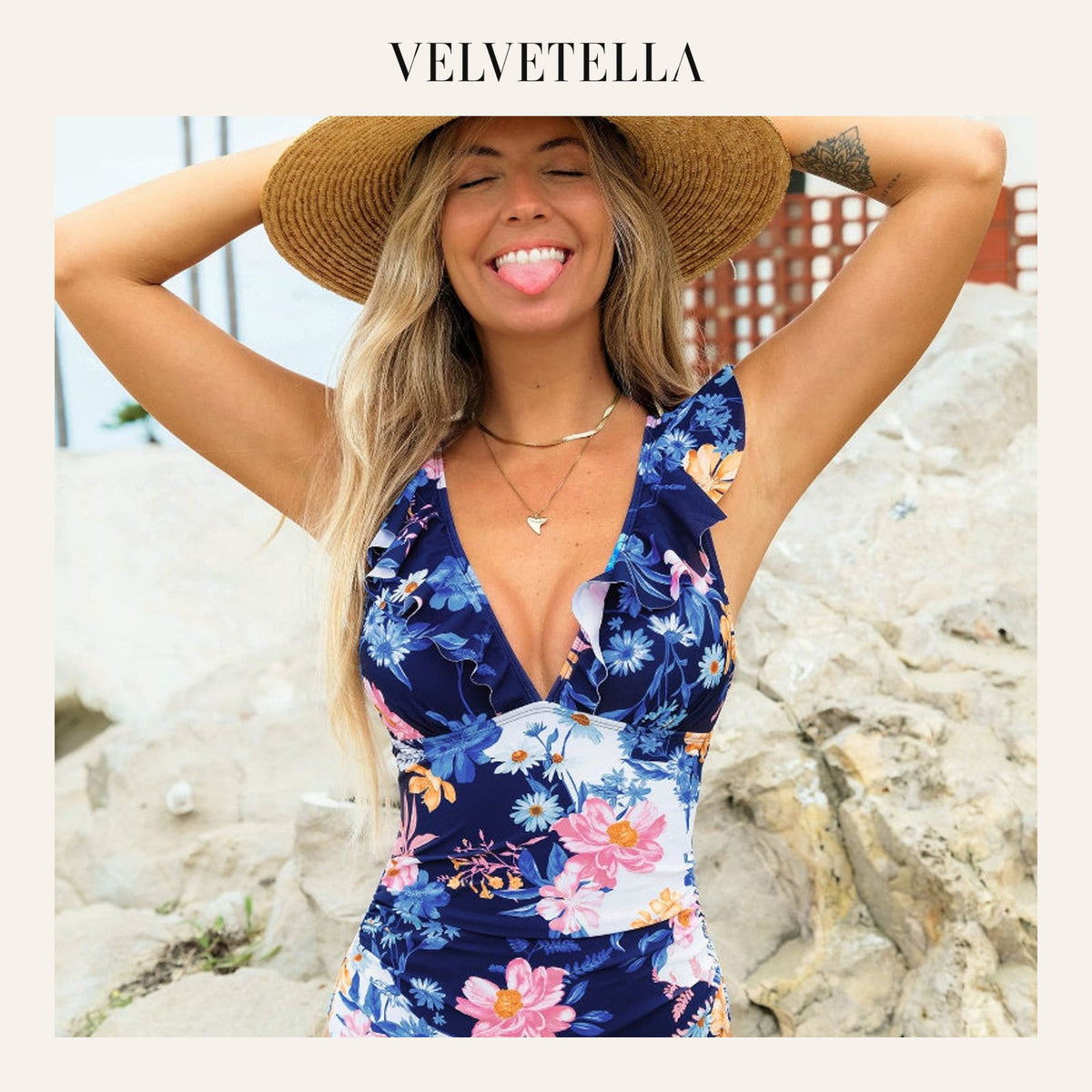 Elegant Sunny Flower Ruffled Lace-Back One Piece Swimsuit | Velvetella
