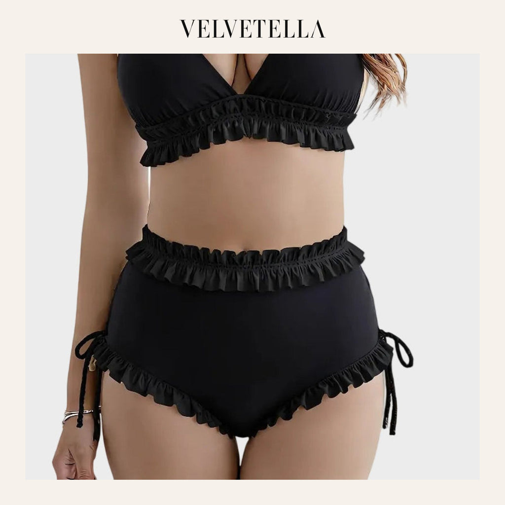 Floral High Waist Bikini Set – Ruffle Halter Two-Piece Swimwear | Velvetella