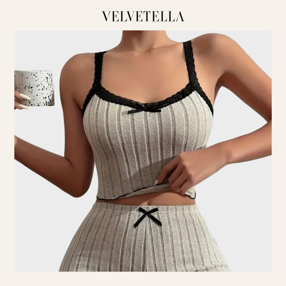 Lace Bow Cami Top And Shorts Pajama Set | Velvetella