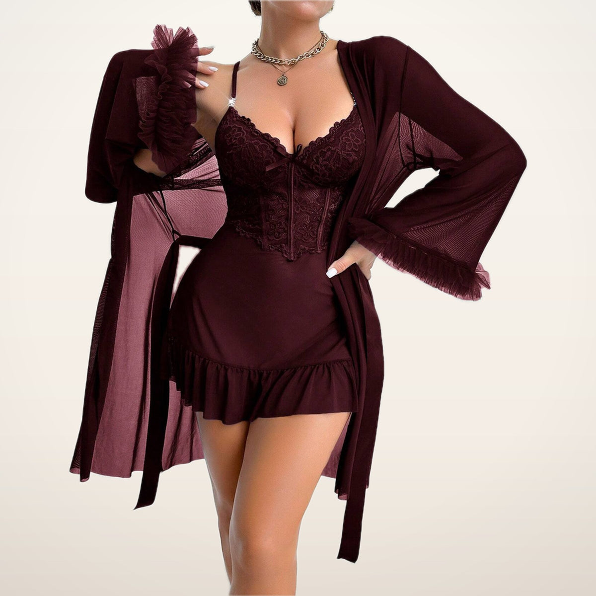 Amelie Lace Nightgown & Sheer Robe Set | Velvetella
