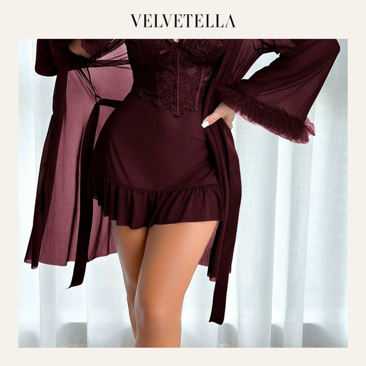 Lace Cami Nightgown & Floral Lace Trim Wide Sleeve Sheer Robe | Velvetella