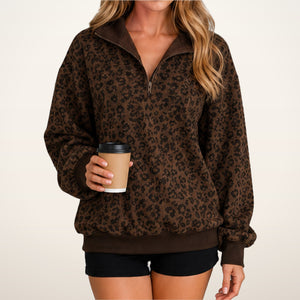 Leopard-Print Half-Zip Oversized Pullover | Velvetella