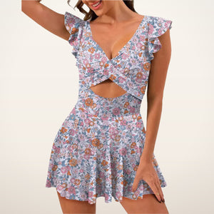 Cora Ruffle Cutout V-Neck Swim Dress | Velvetella