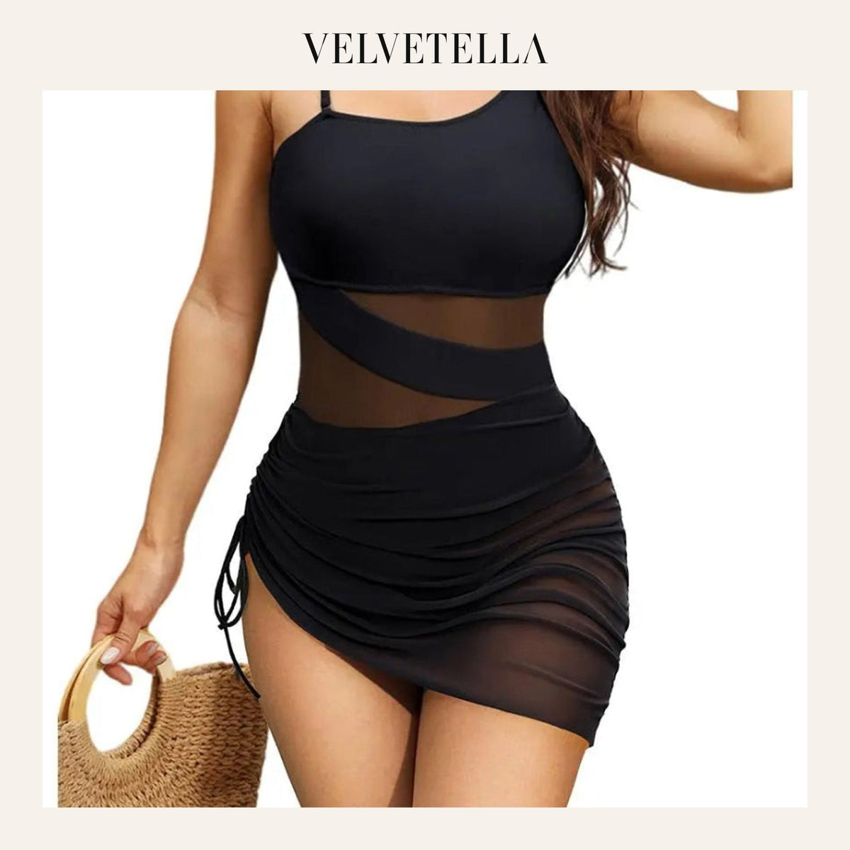 One-Shoulder Mesh Swimdress, Tummy Control One-Piece | Velvetella
