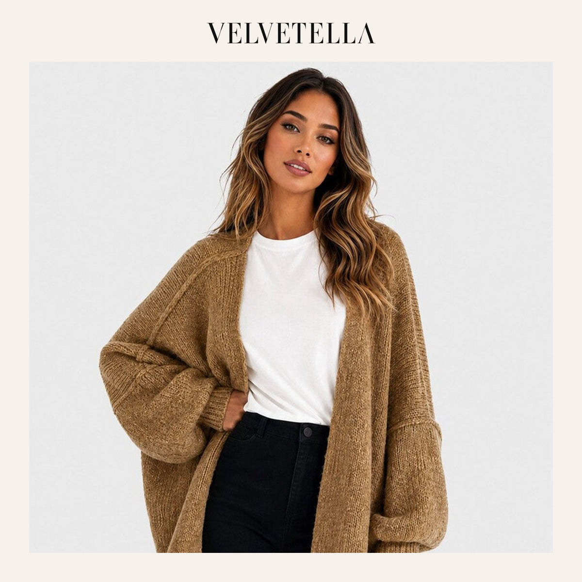 Oversized Lantern-Sleeve Open-Front Knit Cardigan | Velvetella