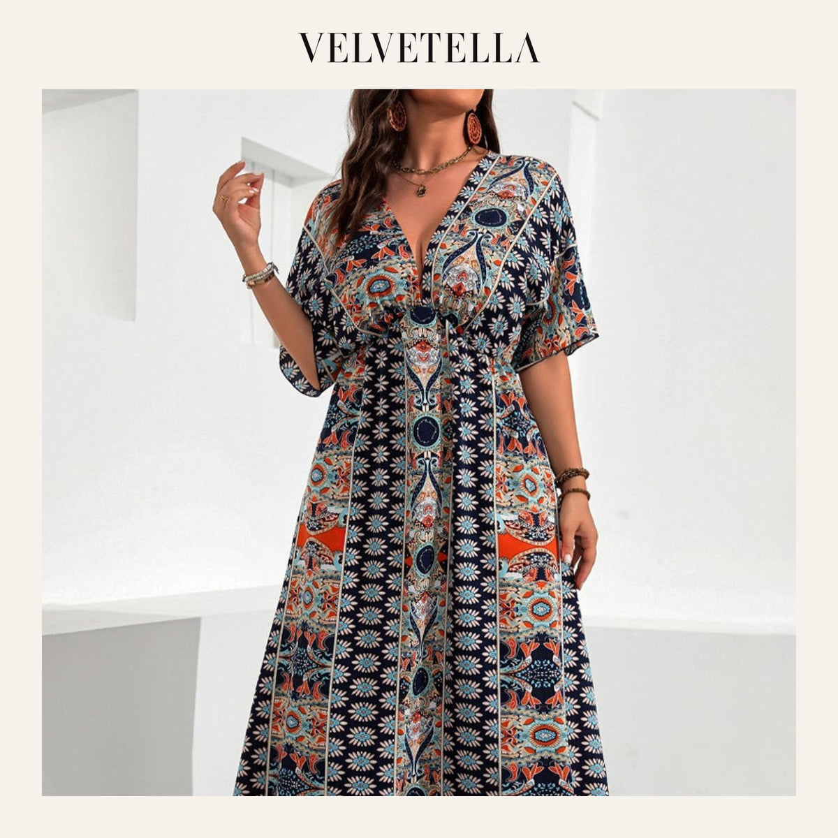 Plus Size Boho V-Neck Floral A-Line Dress | Velvetella