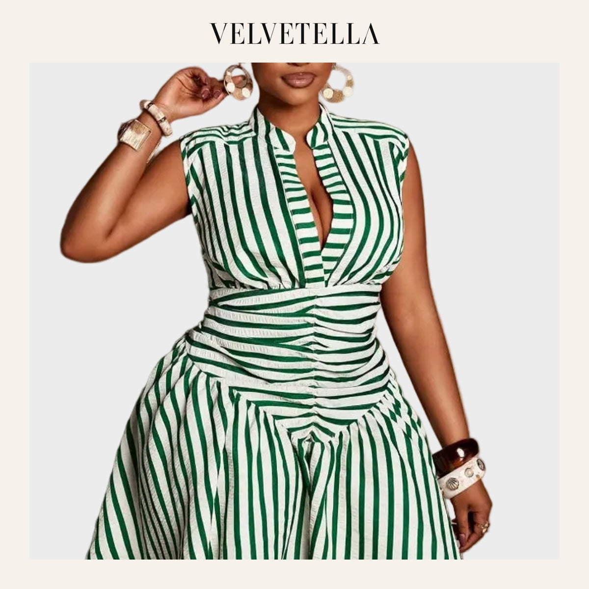 Plus Size Casual Striped Waist Cinched Dress | Velvetella