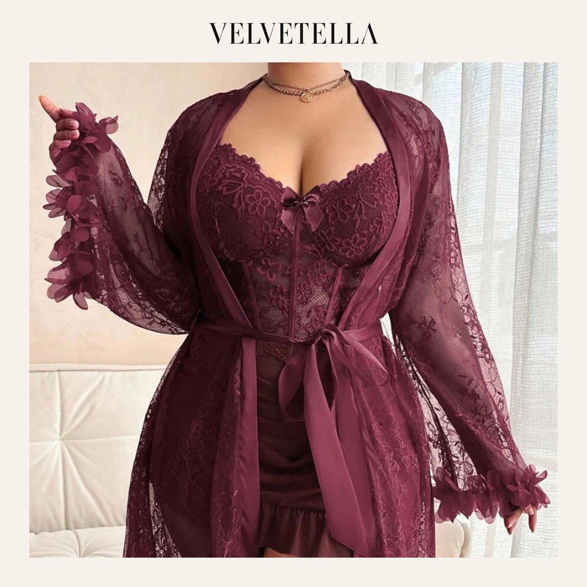 Plus size Lace Cami Nightgown & Floral Lace Trim Wide Sleeve Sheer Robe | Velvetella
