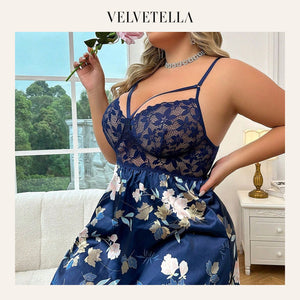 Plus Size Lace Embroidered Floral Sheer Nightdress Set with Thong | Velvetella