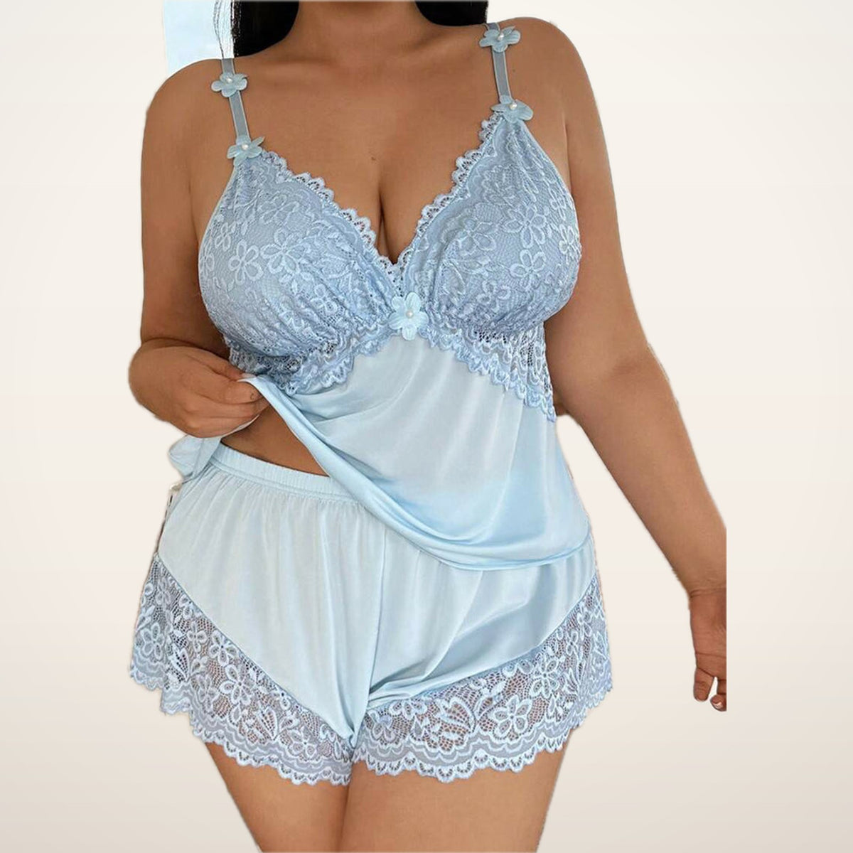 Margot Curve Satin & Lace Cami Pajama Set | Velvetella