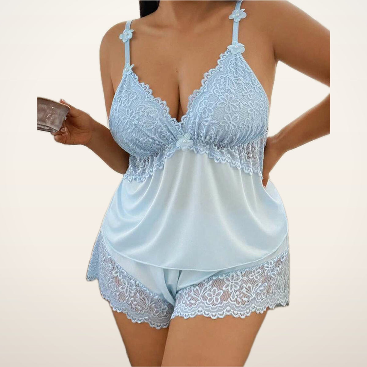Margot Curve Satin & Lace Cami Pajama Set | Velvetella