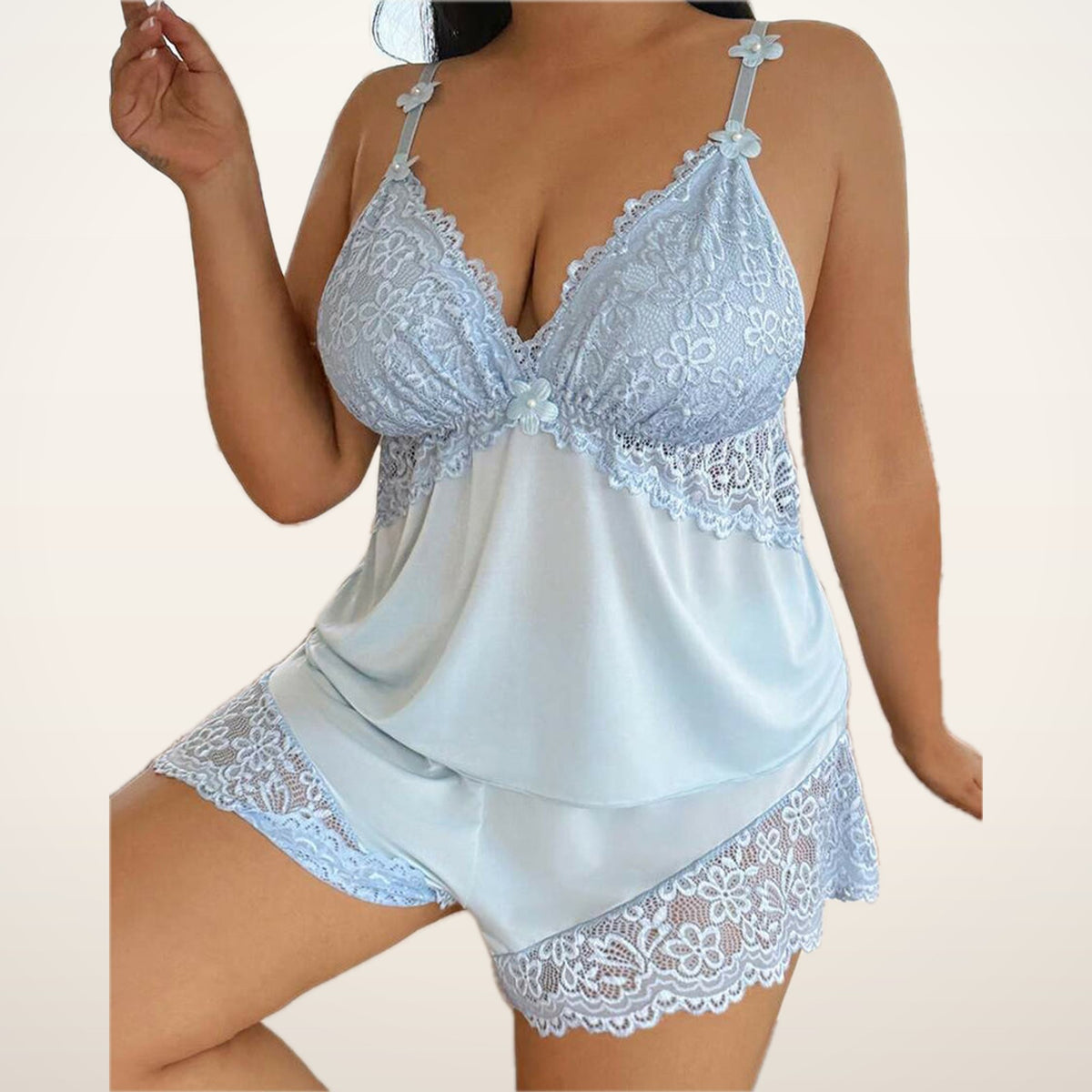 Margot Curve Satin & Lace Cami Pajama Set | Velvetella