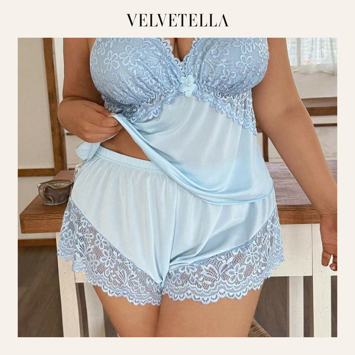 Plus Size Lace Satin Cami Pajama Set – Sexy Two-Piece Sleepwear for Women | Velvetella
