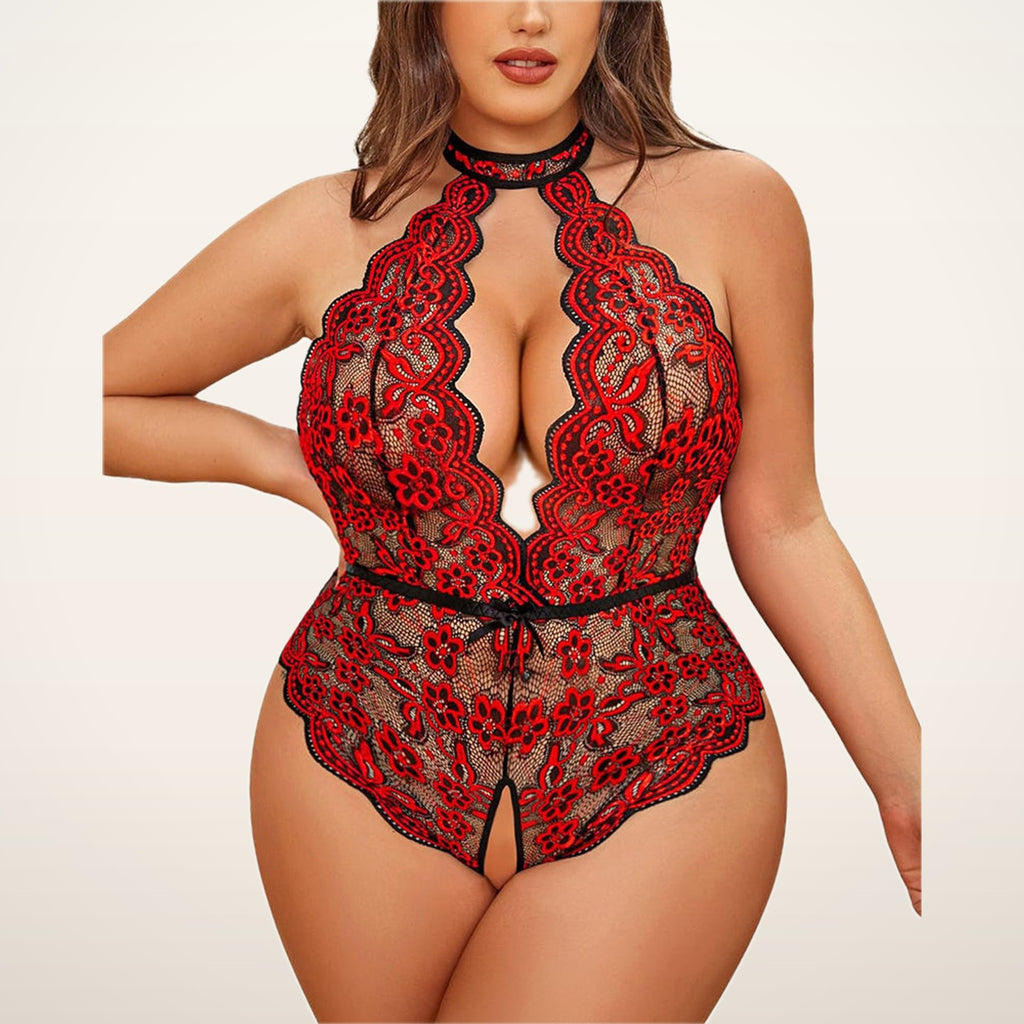 Noir Curve Halter Lace Open-Crotch Teddy | Velvetella