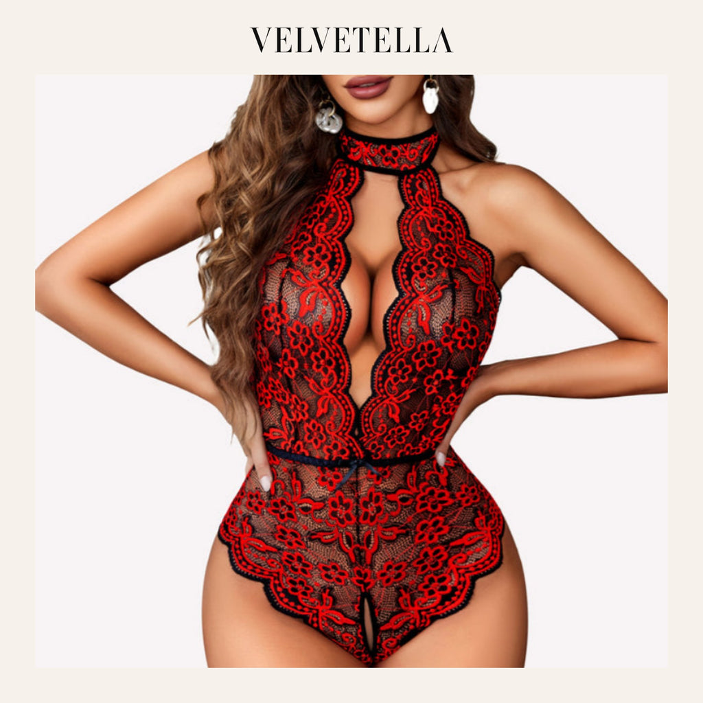 Plus Size Lace Teddy – Halter Crotchless Bodysuit for Curves | Velvetella