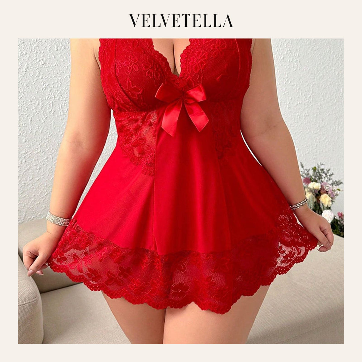 Plus Size Sexy Lace Hollow See-Through Camisole Sleepwear Set | Velvetella