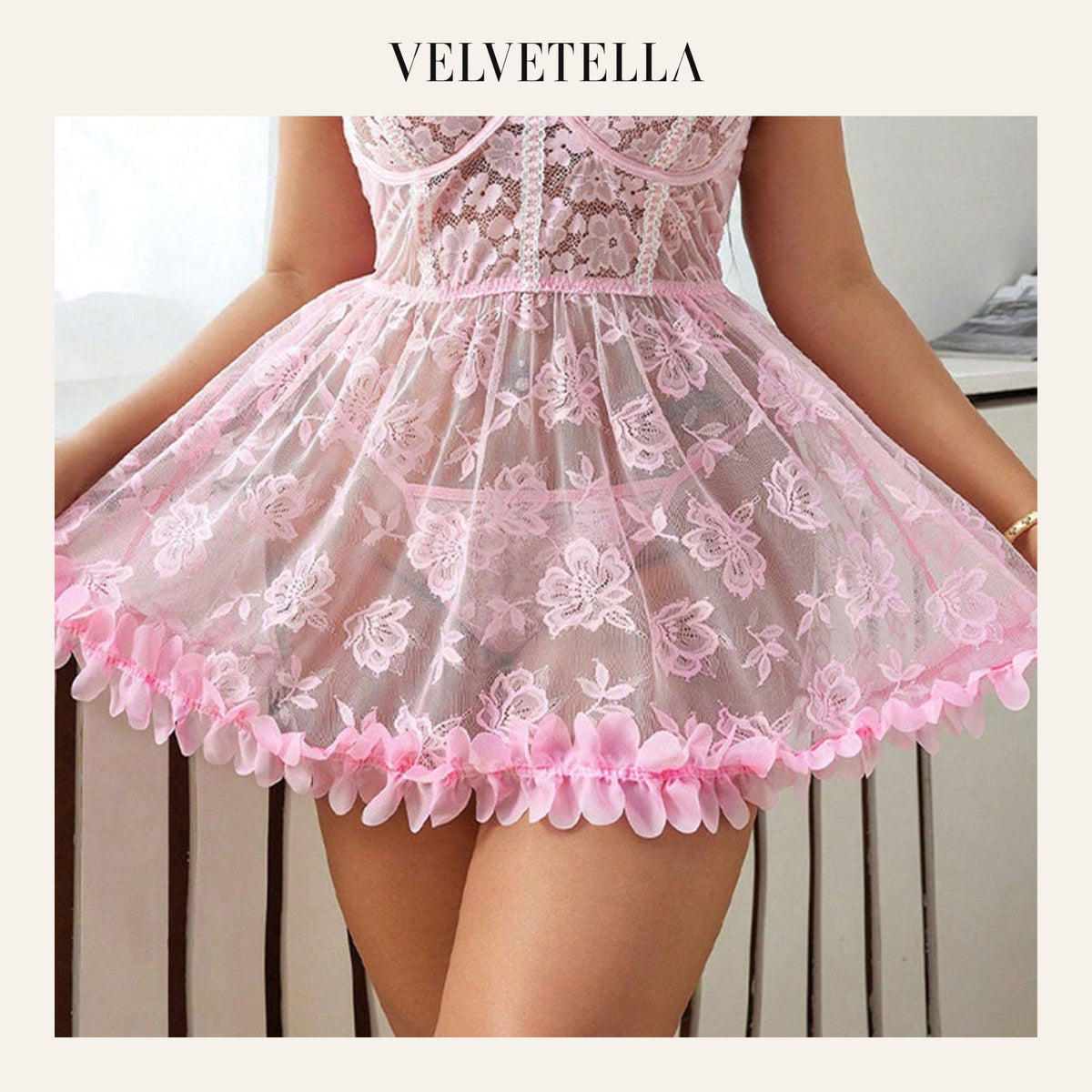 Plus Size Sexy Lace Mesh Sheer Babydoll Set with Panty | Velvetella