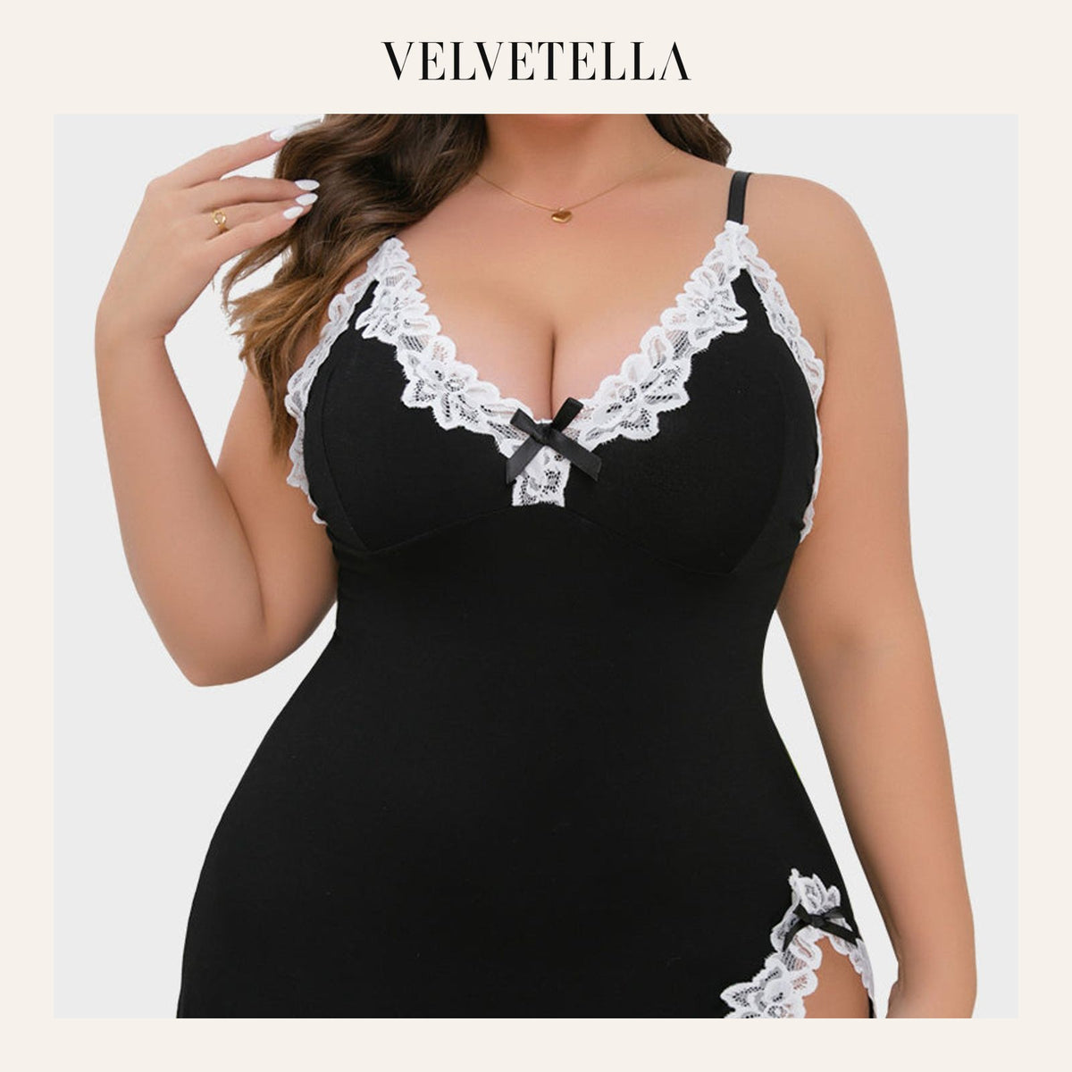 Plus Size V-Neck Side Slits Lace Trim Nightgown | Velvetella
