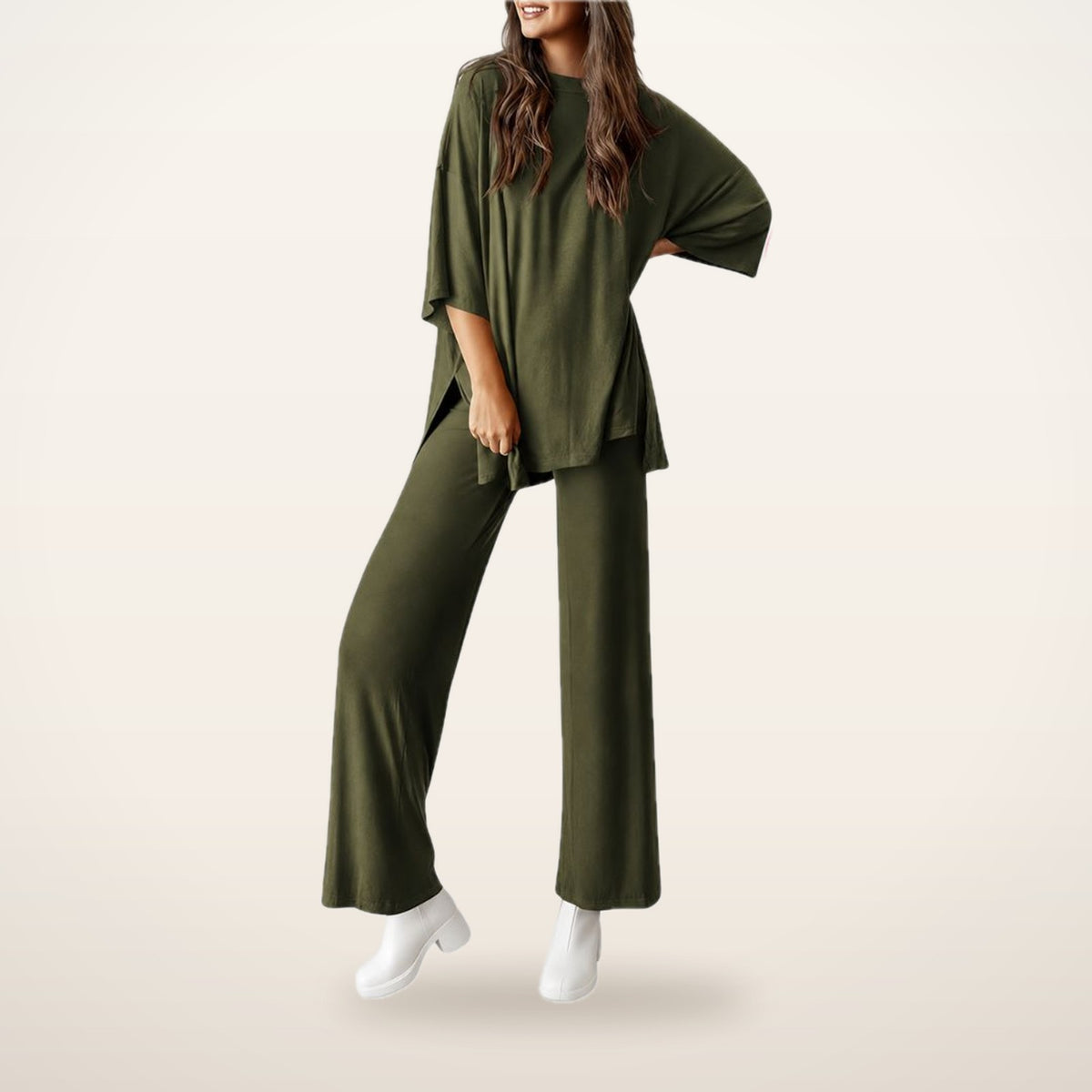 Relaxed Split-Hem Top & Wide-Leg Pants Set | Velvetella