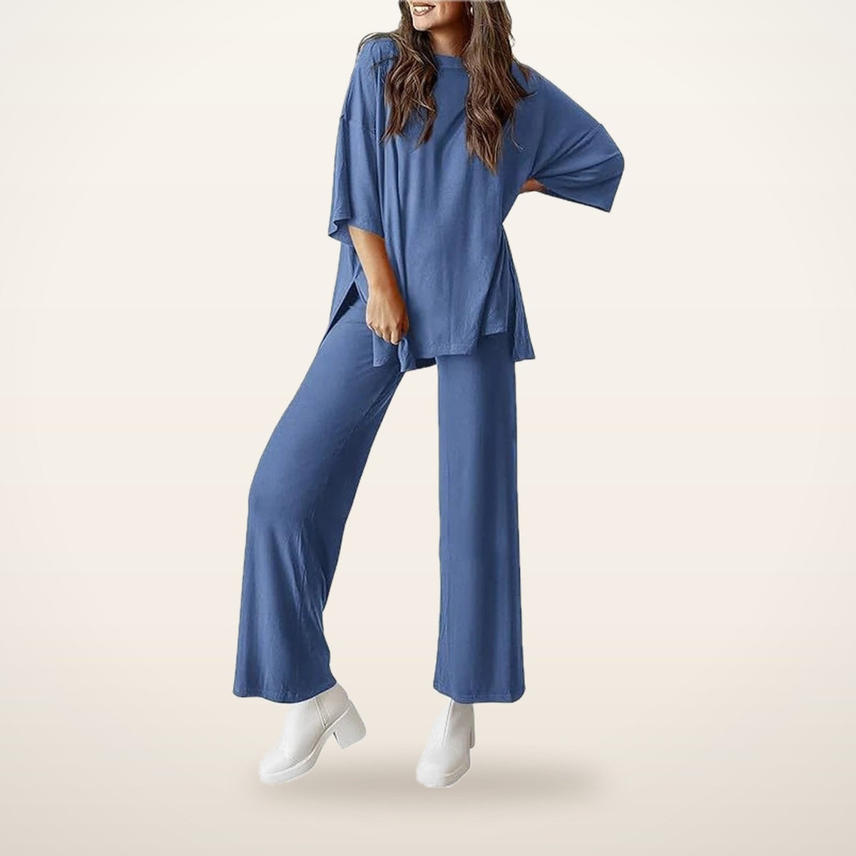 Relaxed Split-Hem Top & Wide-Leg Pants Set | Velvetella