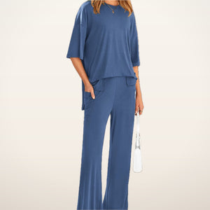 Relaxed Split-Hem Top & Wide-Leg Pants Set | Velvetella
