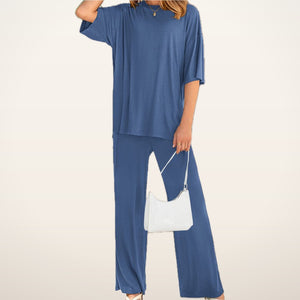 Relaxed Split-Hem Top & Wide-Leg Pants Set | Velvetella