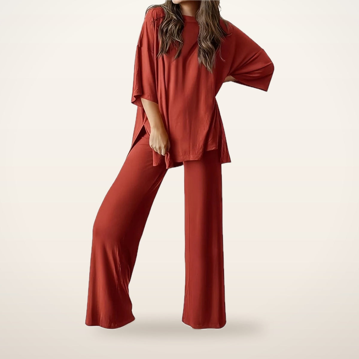 Relaxed Split-Hem Top & Wide-Leg Pants Set | Velvetella