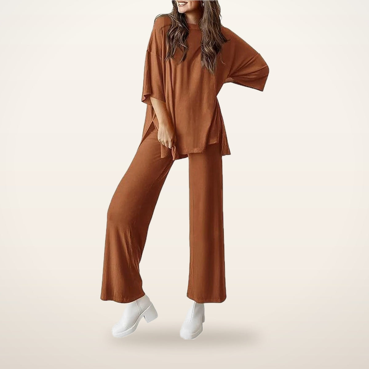 Relaxed Split-Hem Top & Wide-Leg Pants Set | Velvetella