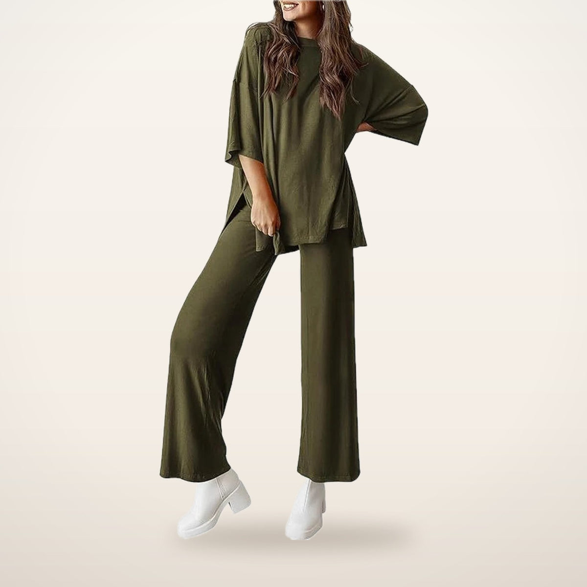 Relaxed Split-Hem Top & Wide-Leg Pants Set | Velvetella