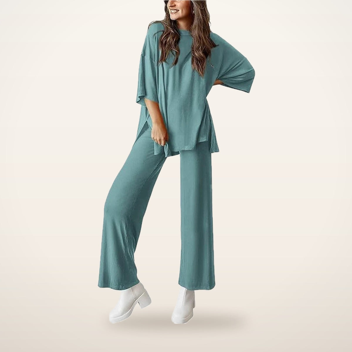 Relaxed Split-Hem Top & Wide-Leg Pants Set | Velvetella
