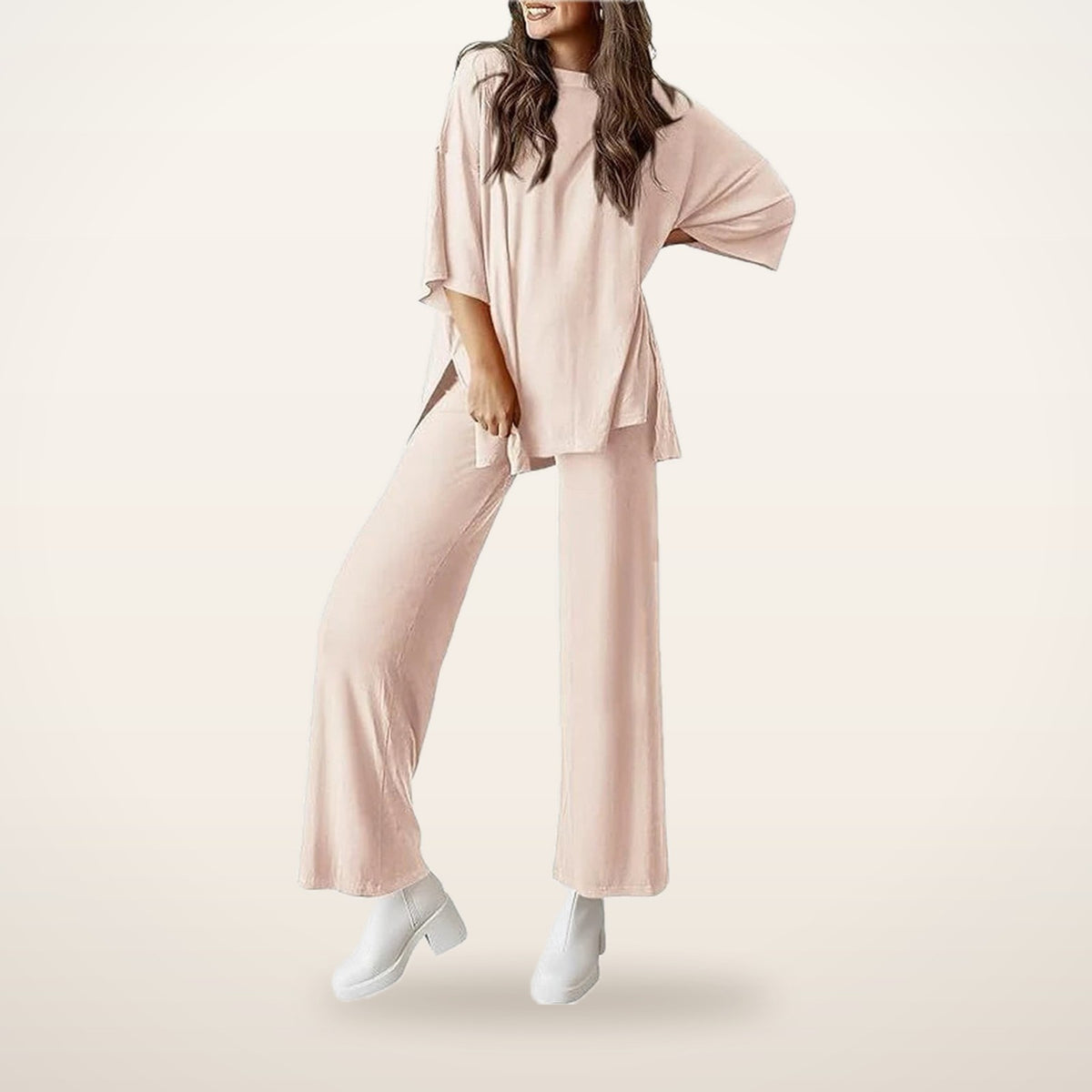 Relaxed Split-Hem Top & Wide-Leg Pants Set | Velvetella