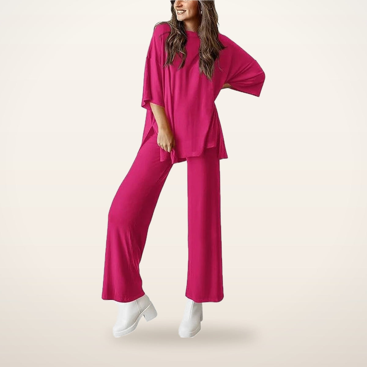Relaxed Split-Hem Top & Wide-Leg Pants Set | Velvetella