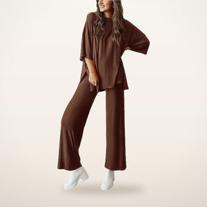 Relaxed Split-Hem Top & Wide-Leg Pants Set | Velvetella