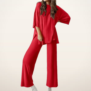 Relaxed Split-Hem Top & Wide-Leg Pants Set | Velvetella