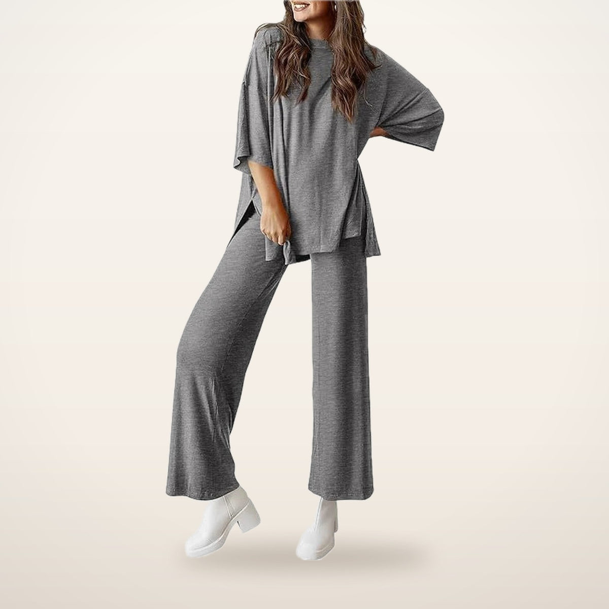 Relaxed Split-Hem Top & Wide-Leg Pants Set | Velvetella