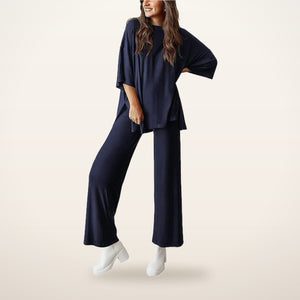 Relaxed Split-Hem Top & Wide-Leg Pants Set | Velvetella
