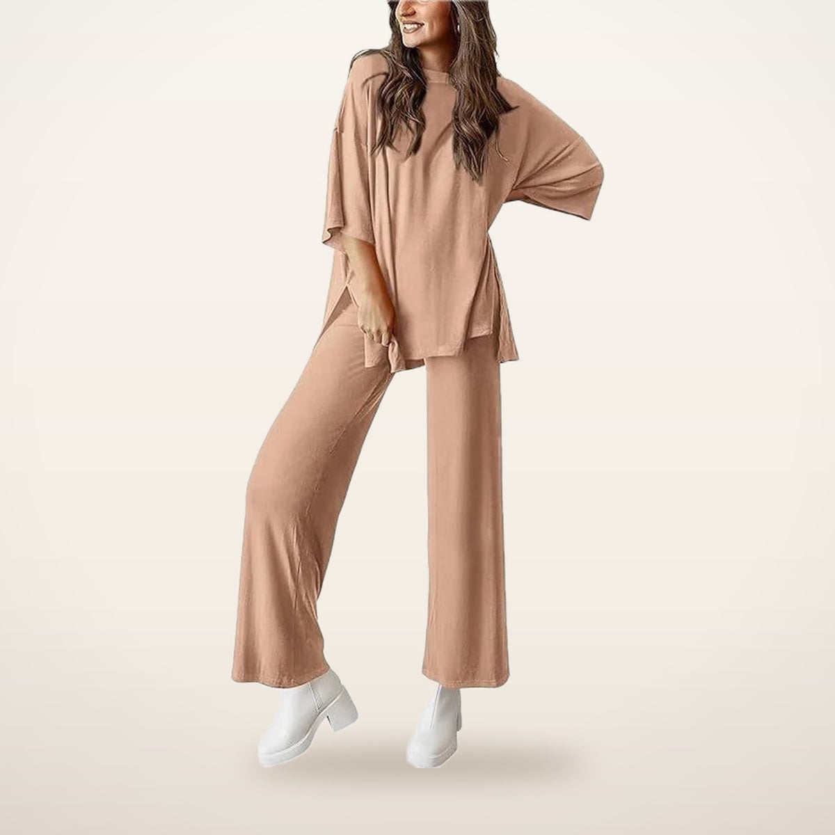 Relaxed Split-Hem Top & Wide-Leg Pants Set | Velvetella