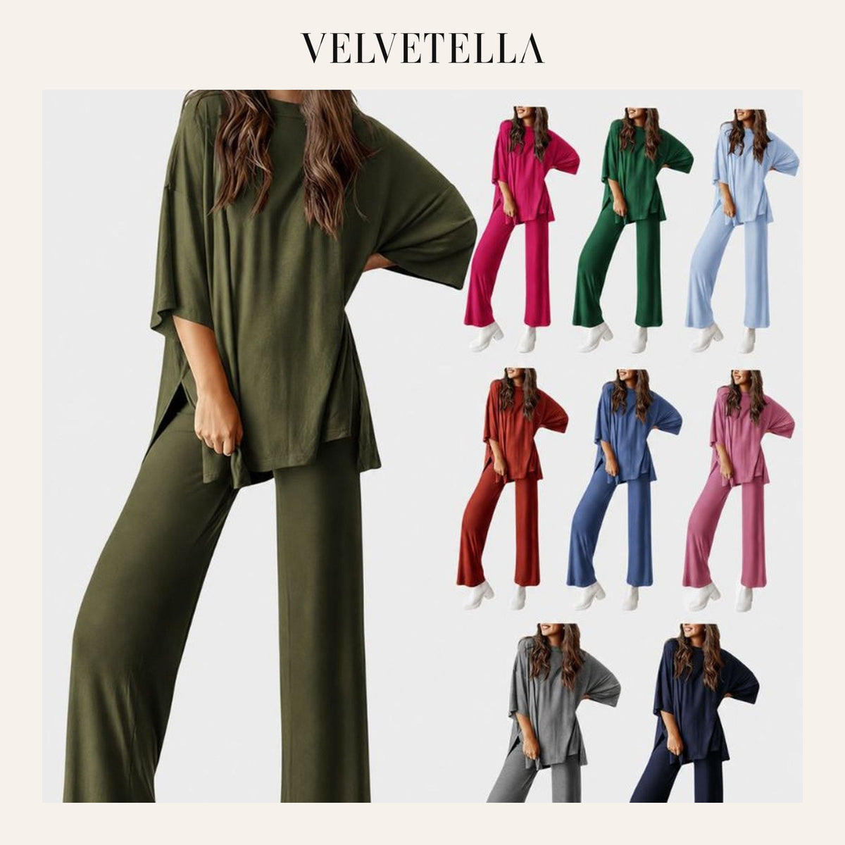 Relaxed Split-Hem Top & Wide-Leg Pants Set | Velvetella
