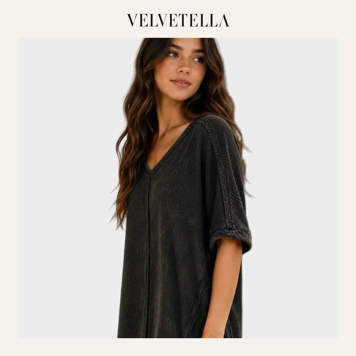 Ribbed Acid-Wash V-Neck Oversized Casual Dress | Velvetella
