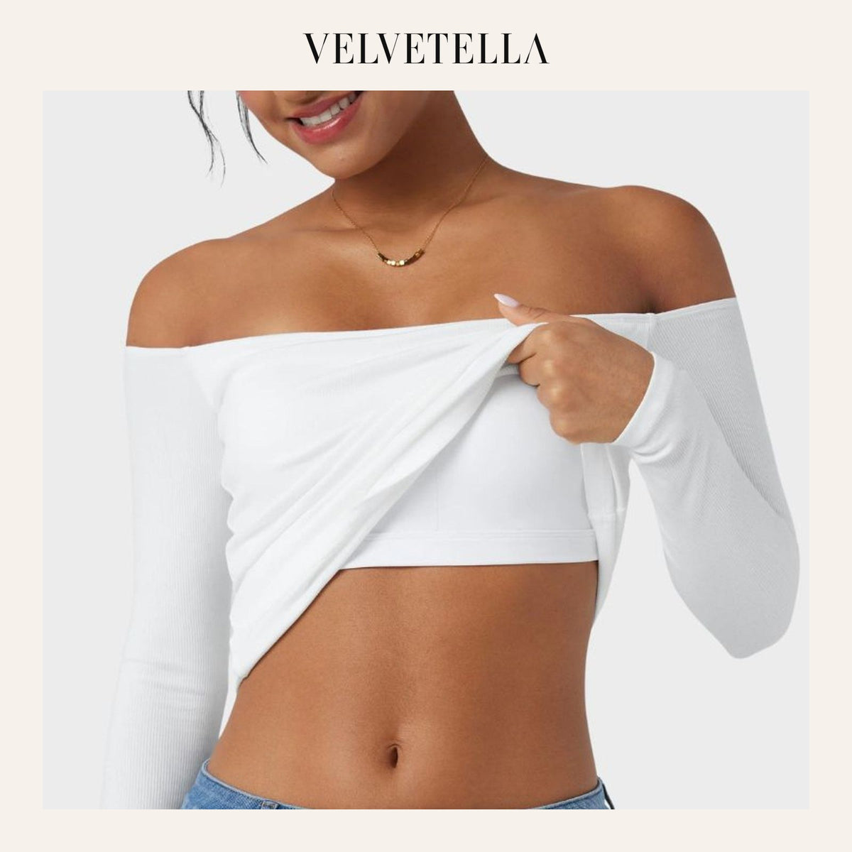 Ribbed Off-Shoulder Built-In Bra Long Sleeve Top | Velvetella