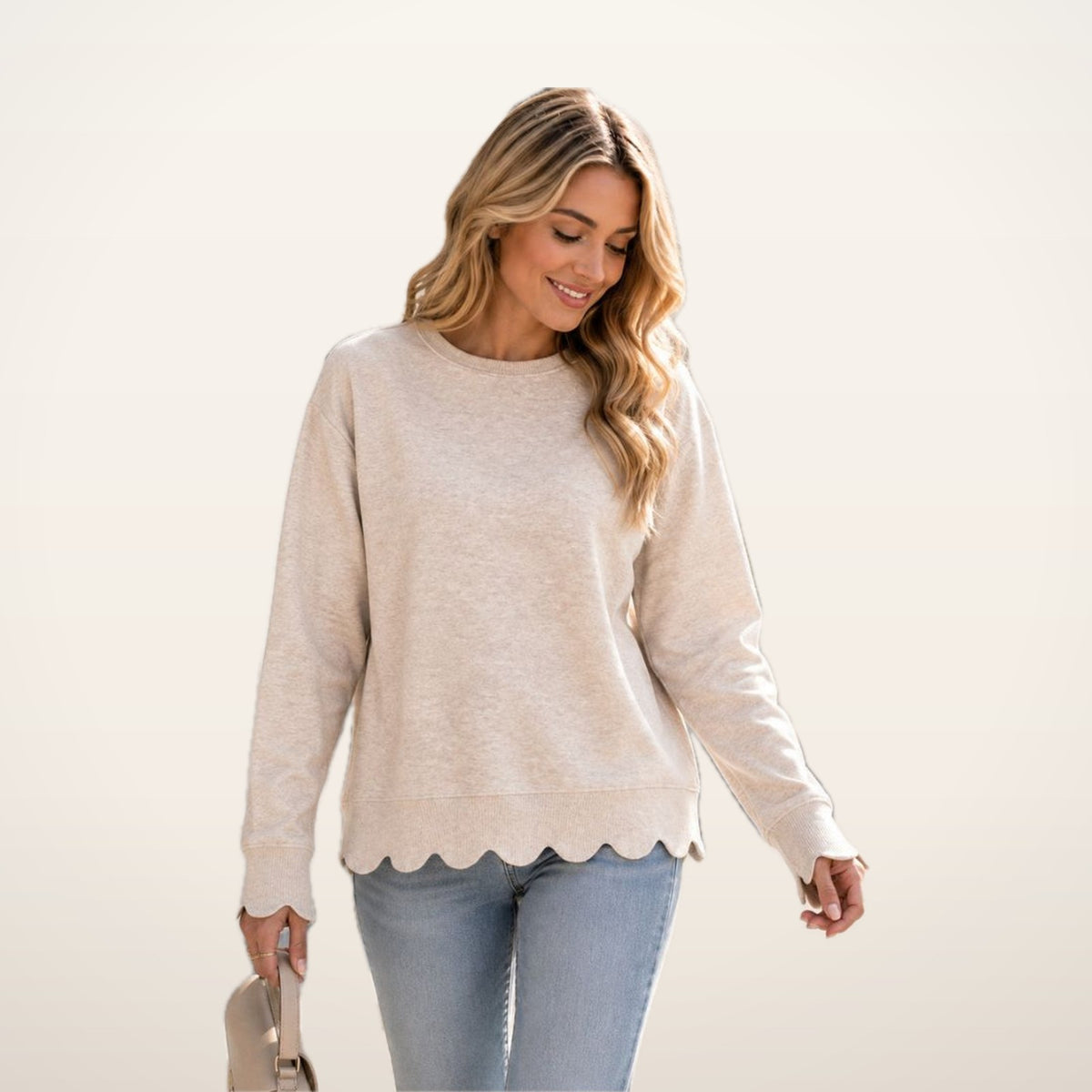 Scallop Hem Oversized Crewneck Sweatshirt | Velvetella